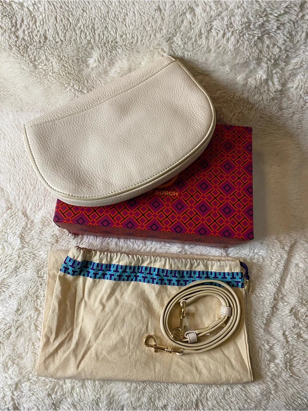 Tory Burch Ivory Pebbled Leather Crossbody with Gold Logo